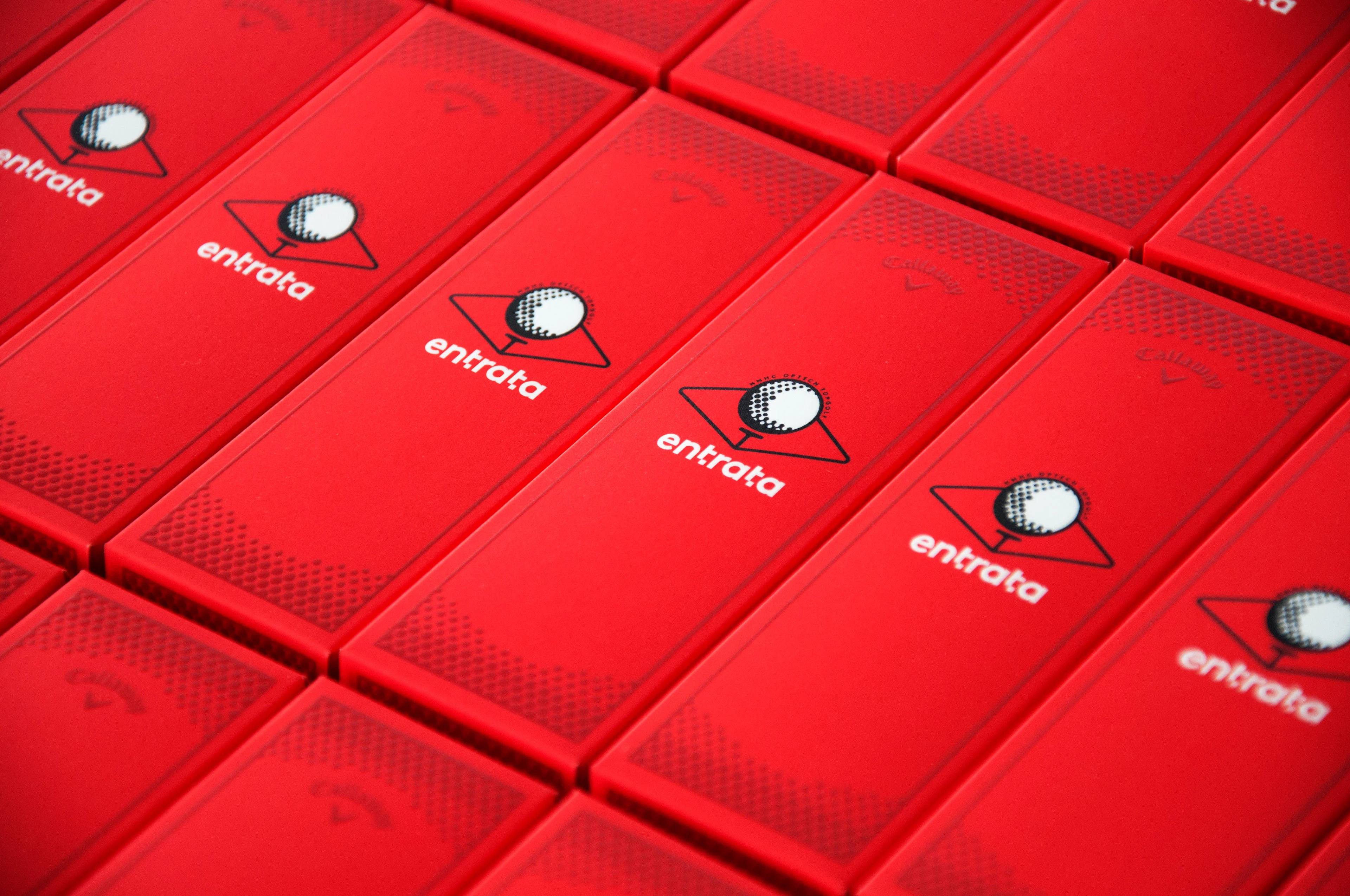 Entrata branded red invitation packaging